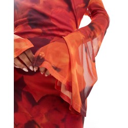 ASOS DESIGN cowl front mesh maxi dress with flare sleeve in red floral smudge print